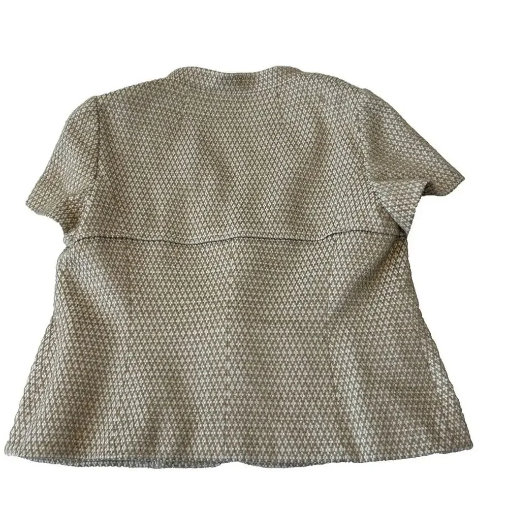 Escada Tweed Jacket Sz 46 or US 12/14 Beige Lined Short Sleeve Snap Buttons - Picture 2 of 7